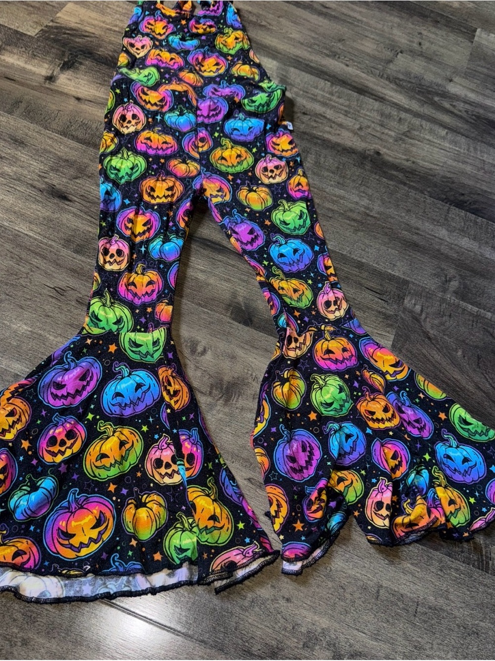 Bums & Roses Neon Rainbow Pumpkin Halter Flare Bamboo Romper 3T NWOT Halloween